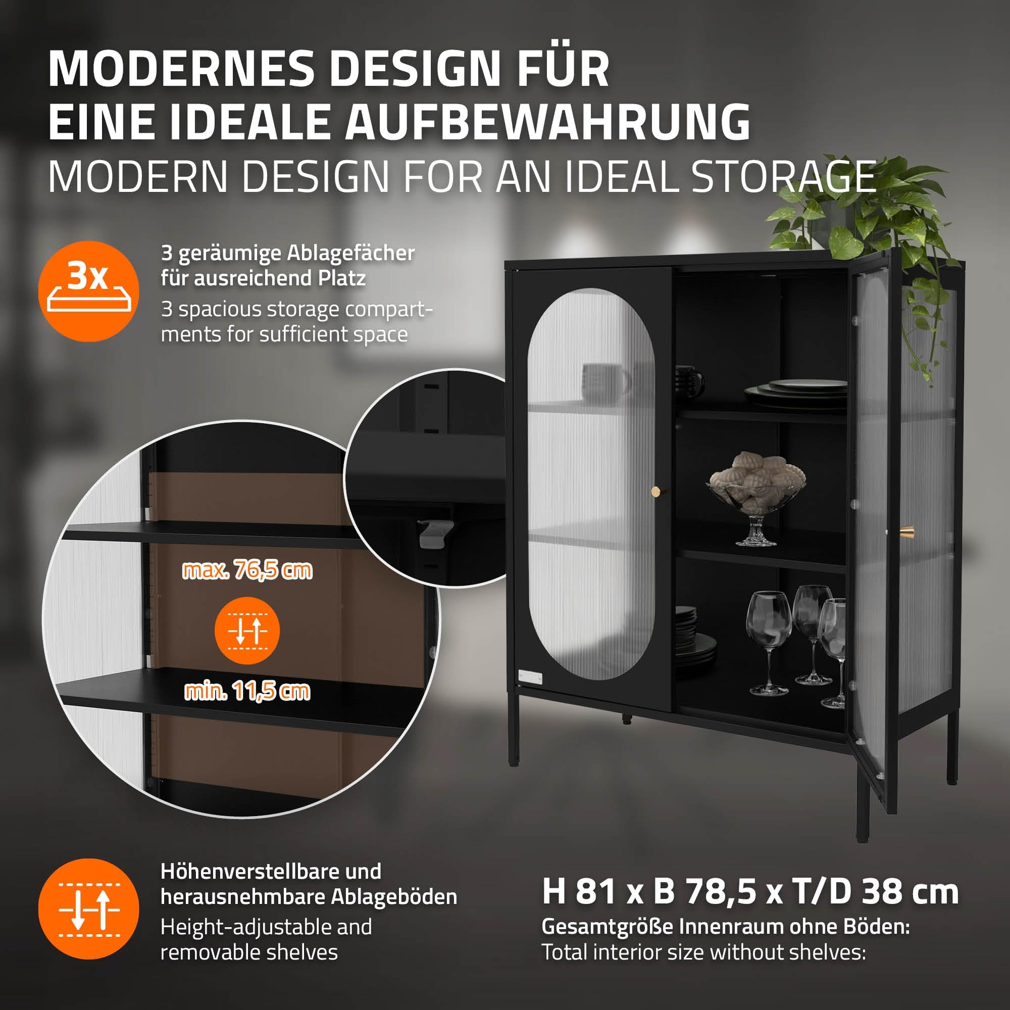 ML-Design Vetrina 80x102,5x40 cm Nero con 3 Ripiani e 2 Ante Mobile da Soggiorno in Metallo Vetrinetta in Acciaio Stile Industriale Cassettiera Libreria Schedario da Terra Credenza