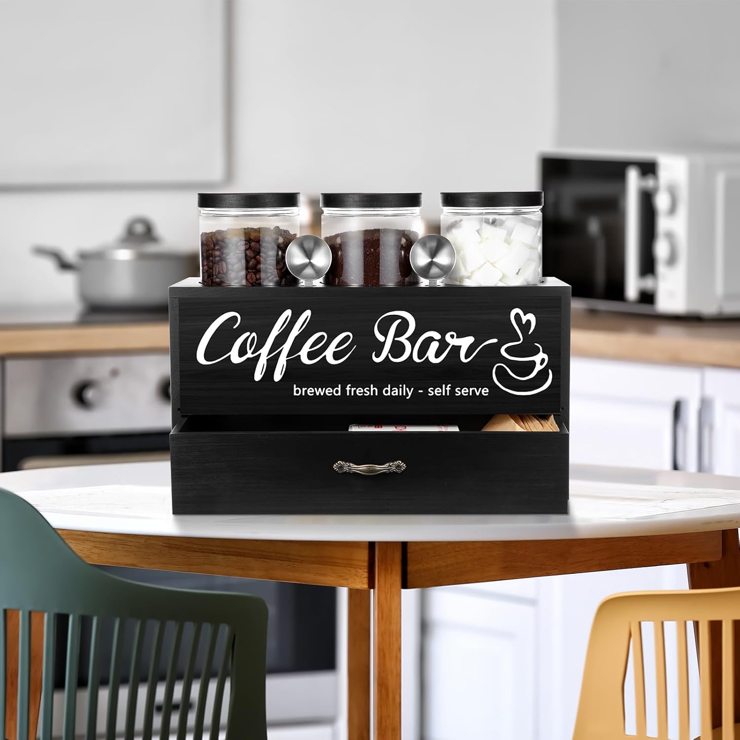 3 Pcs Coffee Canister Set with Shelf and Spoon Plastic Coffee Bean Storage Container with Lids Coffee Storage Box with Drawer Food Storage Jars for Coffee Bar Kitchen (Black) - Image 4