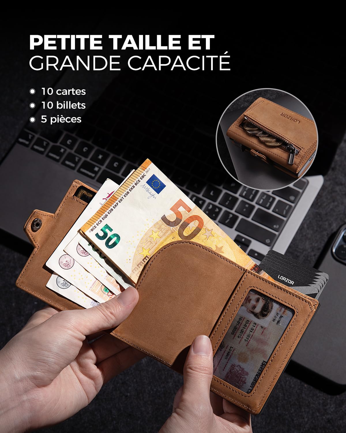 LORZOR® Portefeuille pour Homme en Cuir Véritable, Porte Carte Homme avec RFID, Porte Monnaie pour 10 Cartes, avec Compartiment pour Espèces et Poche à Monnaie