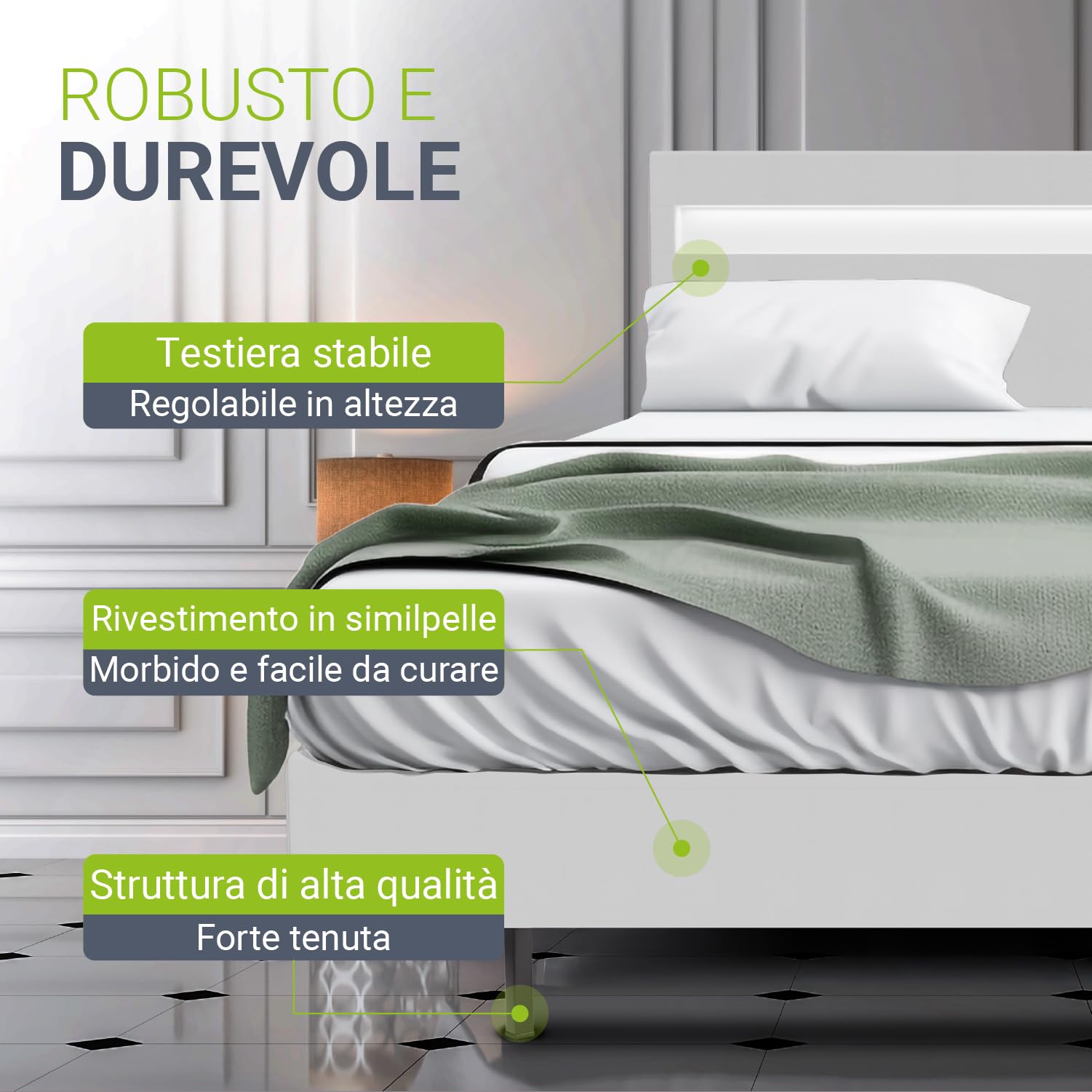 Juskys Letto sospeso Lissabon 140x200 cm con LED, rete e testiera – Design moderno in legno e similpelle – Matrimoniale – Colore bianco