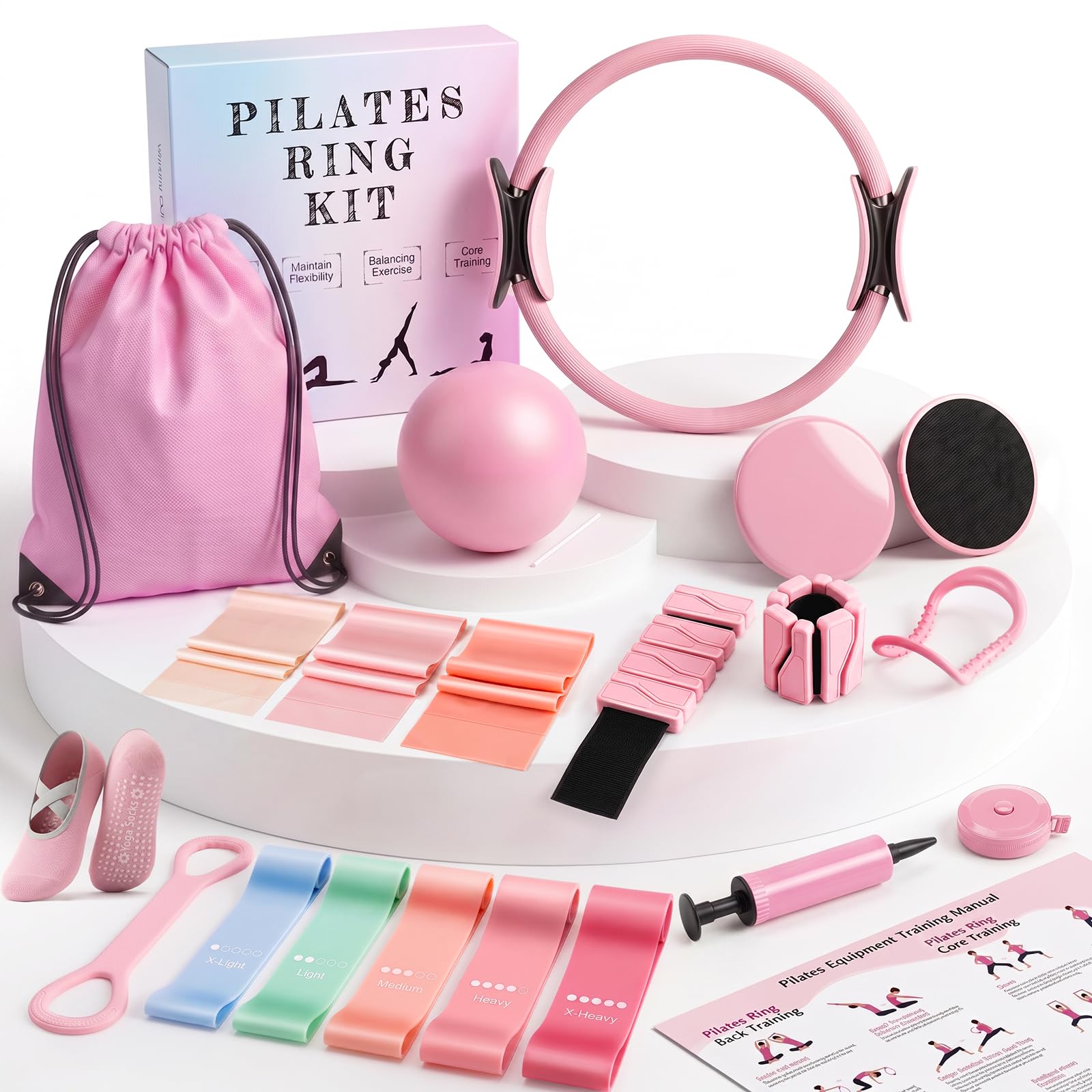 24 PCS At Home Pilates Kit for Women, Pilates Equipment with 14.5" Pilates Ring and Ball, Ankle Weights, Bands, Slider, Stretch Ring, Grip Socks, Pilates Set Essentials for Starter Workouts