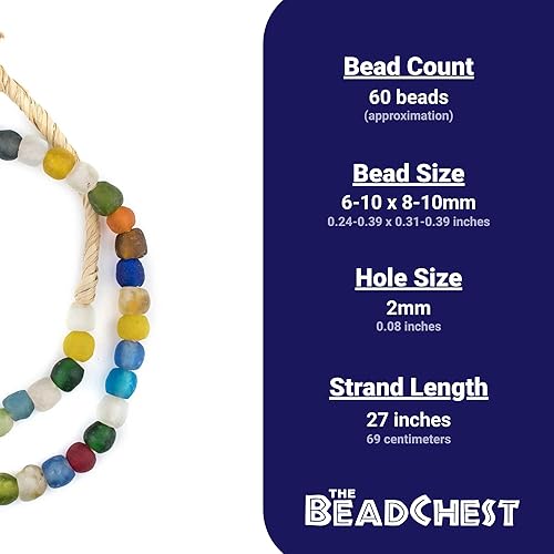 Miniatura 4 de The Bead Chest Cuentas de vidrio reciclado africanas hechas a mano en Ghana, multicolor, 0.354 in, hebra para fabricación de joyas, manualidades