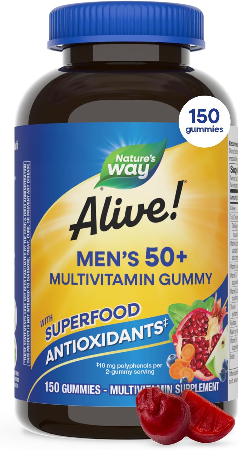 Alive! Men’s 50+ Daily Gummy Multivitamins, Supports Healthy Brain, Eyes, Heart*, B-Vitamins, Gluten-Free, Vegetarian, Fruit Flavored, 150 Gummies (Packaging May Vary)