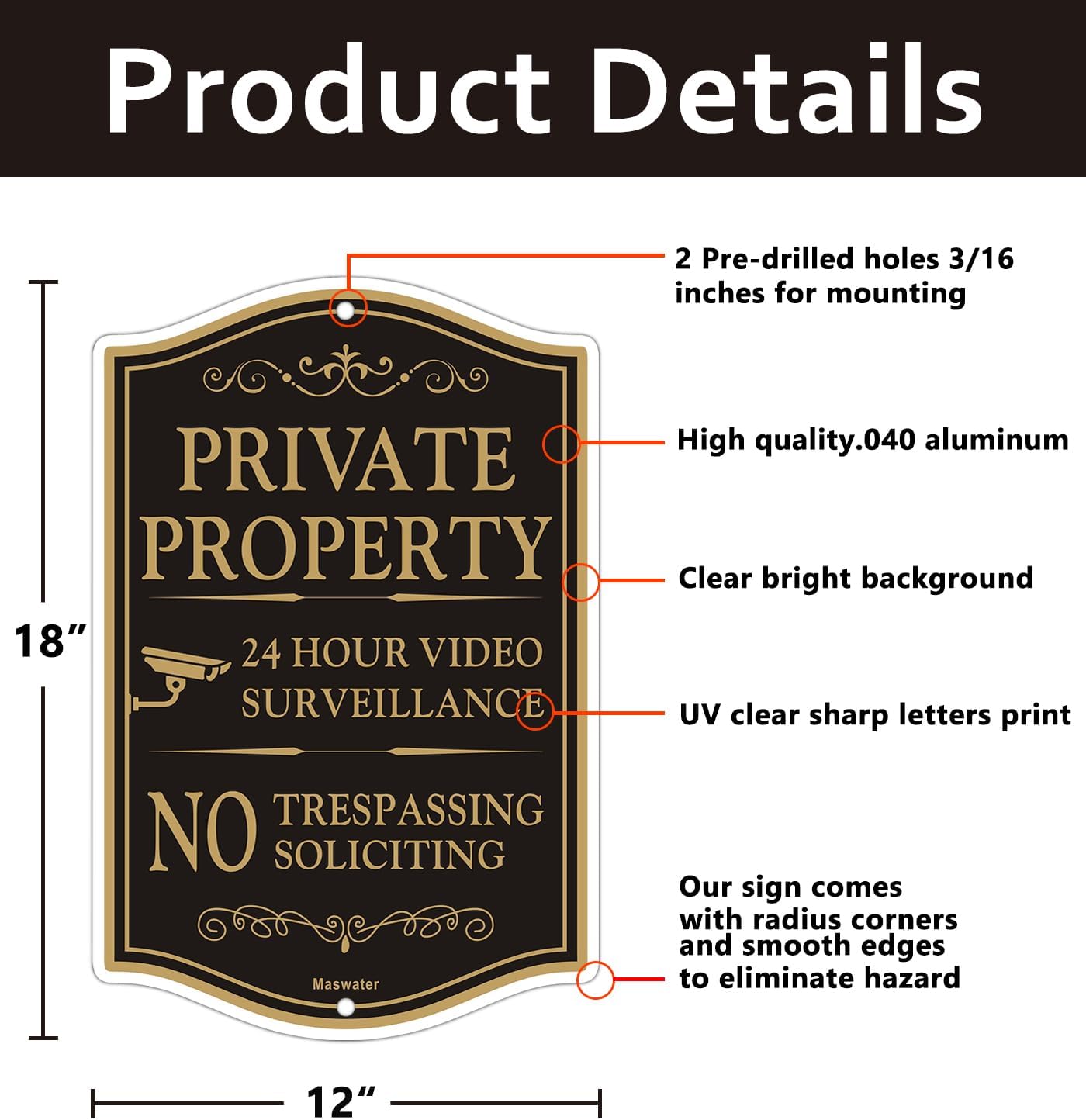 Large Private Property No Trespassing Sign, 2-Pack 12" x 18" No Soliciting 24 Hour Video Surveillance Yard Signs, Reflective Rust Free Aluminum, Fade Resistant, UV Protected & Waterproof