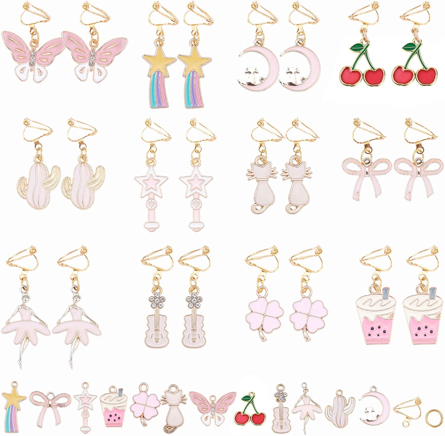 SUNNYCLUE 1 Box DIY 12 Pairs Clip On Earrings Pink Themed Clip On