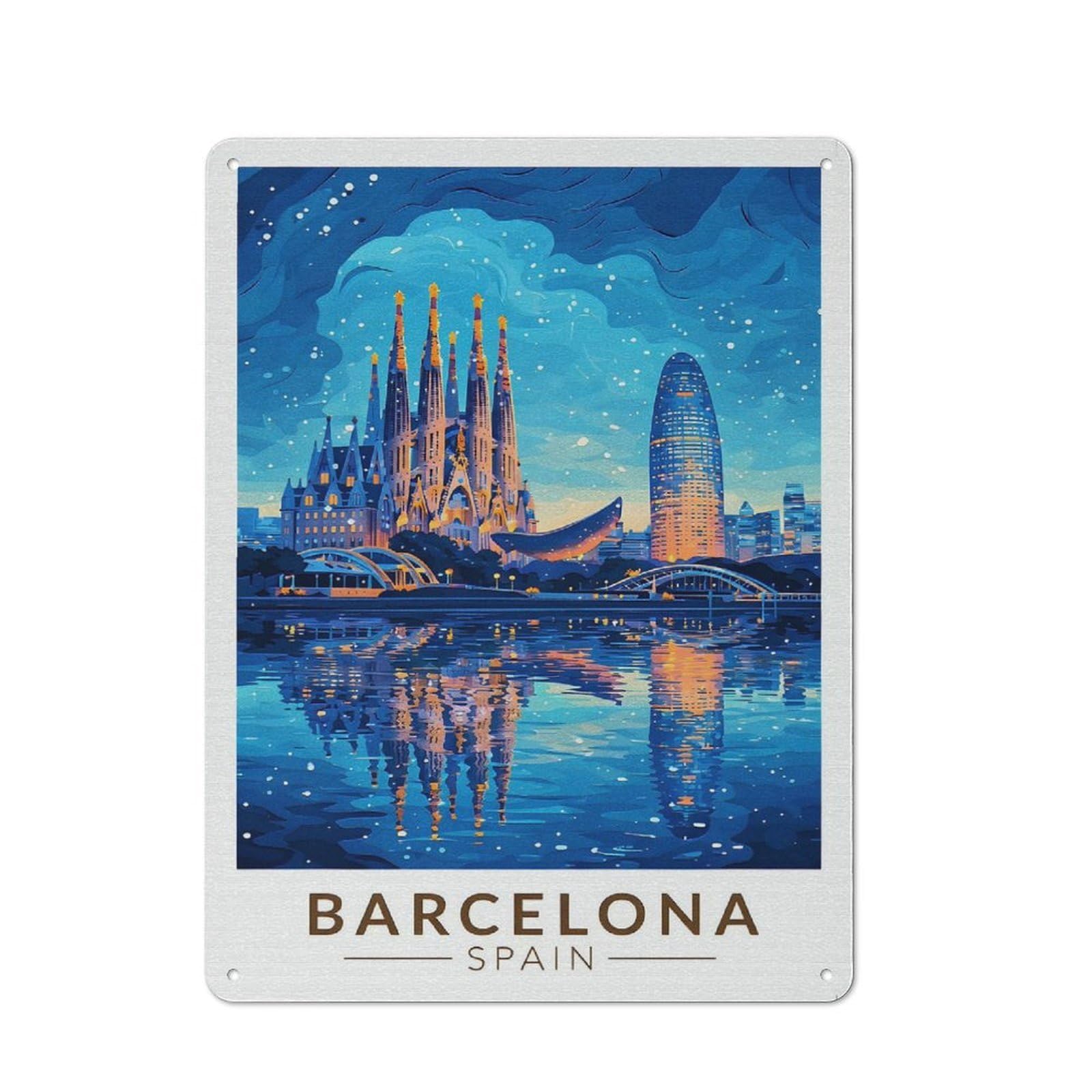 Junmoney Style-10 Barcelona Skyline At Night Retro Metal Wall Decor 40X30cm, Decorative Tin Plaque For Bar, Kitchen, Garage Or Games Room