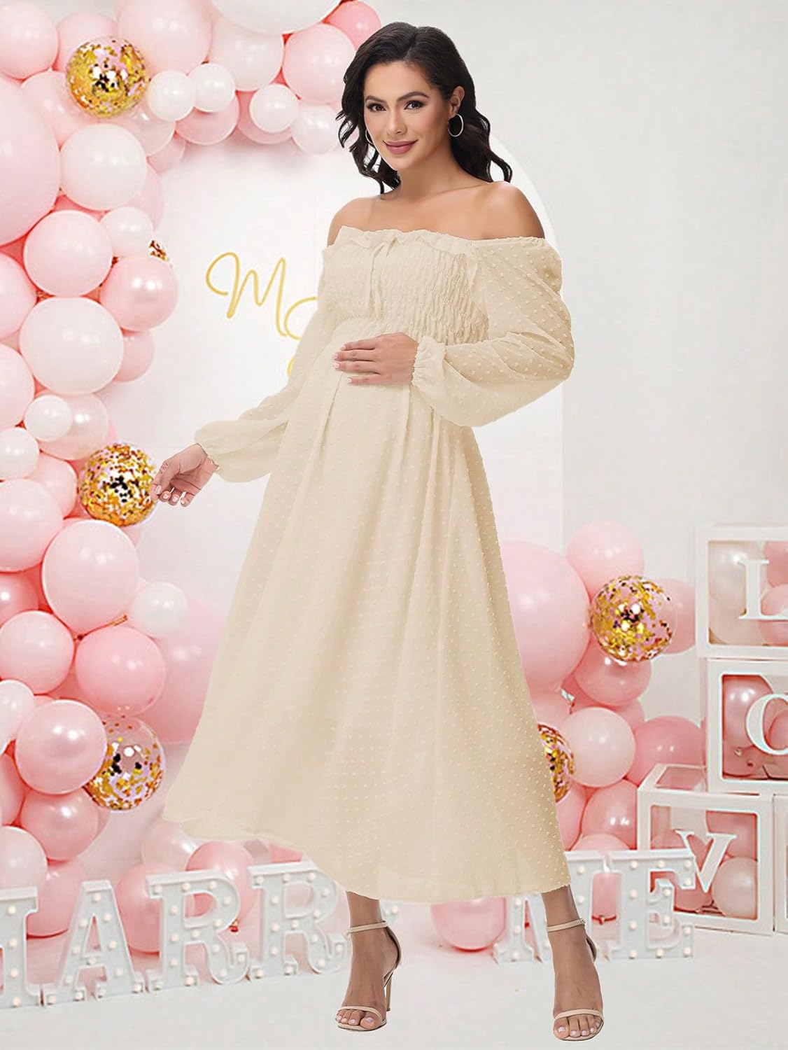 JustVH Women's Maternity Boho Flowy Long Sleeve Smocked Square Neck Swiss Dot Tiered Party Long Dress for Baby Shower - Image 6