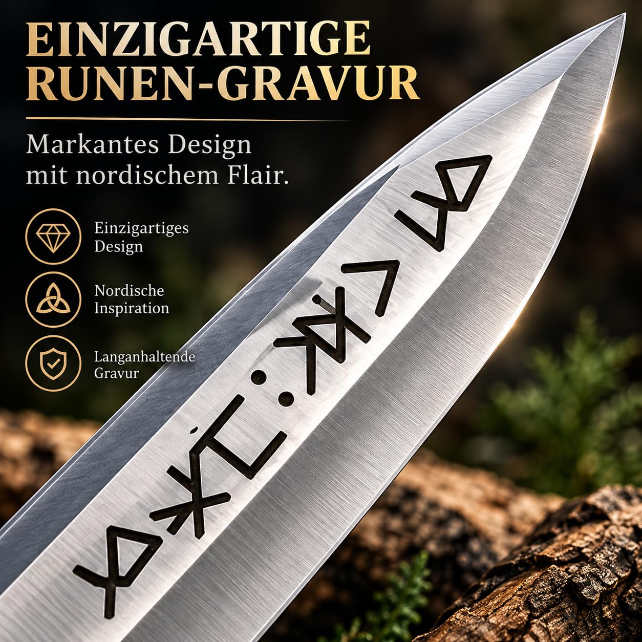 Novahaven Outdoor Messer mit Lederscheide – 39 cm Feststehendes Campingmesser mit 26 cm Klinge, Holzgriff & Nordischer Gravur – Grosses Camping Messer für Outdoor, Wandern & Bushcraft