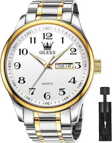 OLEVS - Relojes para hombre, de cuero marrón, caja dorada, analógico, de cuarzo, de moda, para negocios, reloj de vestir, con fecha, luminoso,