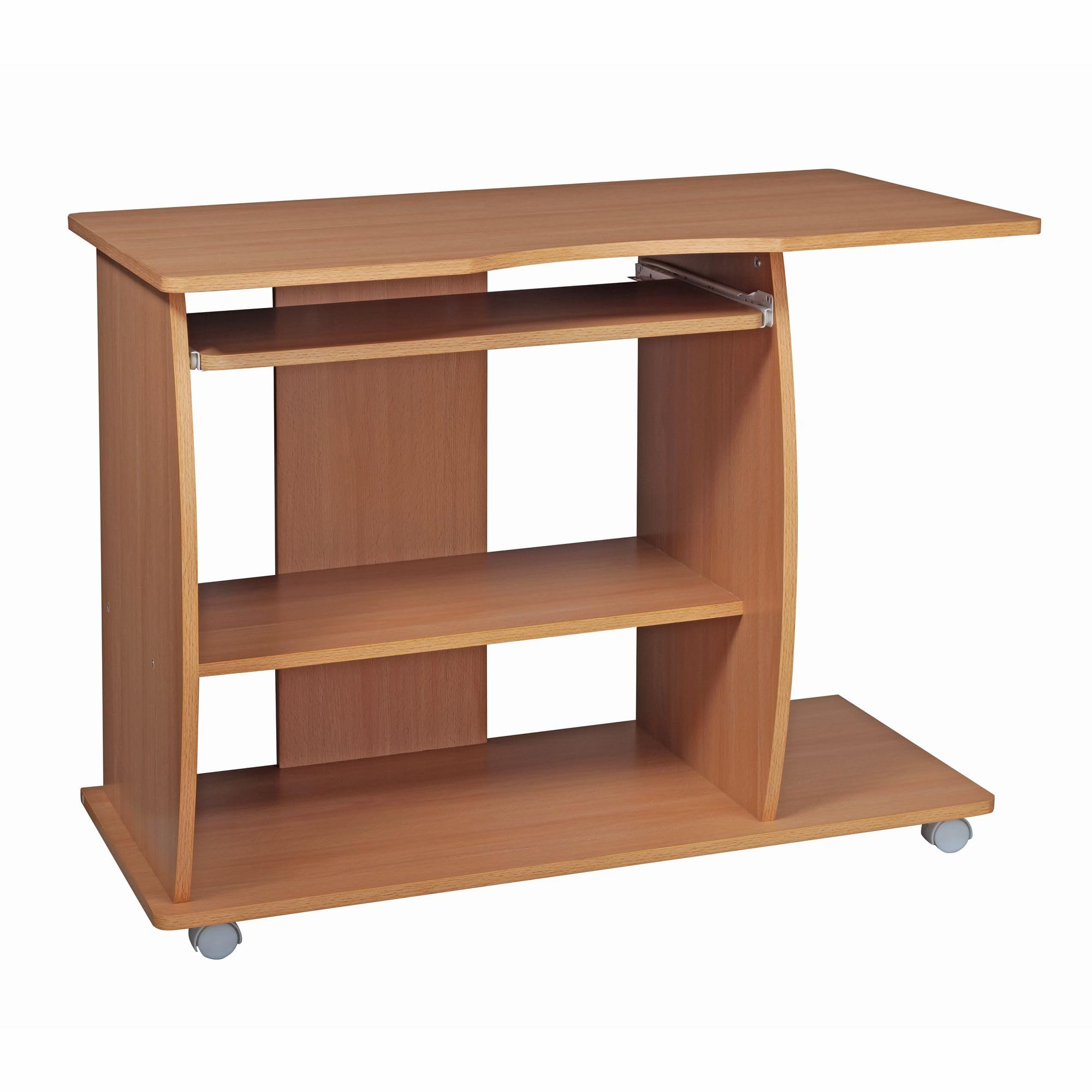 WOHNLING mesa de ordenador DIANA enrollable de haya de 90 x 71 x 50 cm con bandeja para teclado | mesa de ordenador portátil con ruedas | mesa de PC con bandeja de la impresora para ahorrar espacio | Escritorio para espacios pequeños