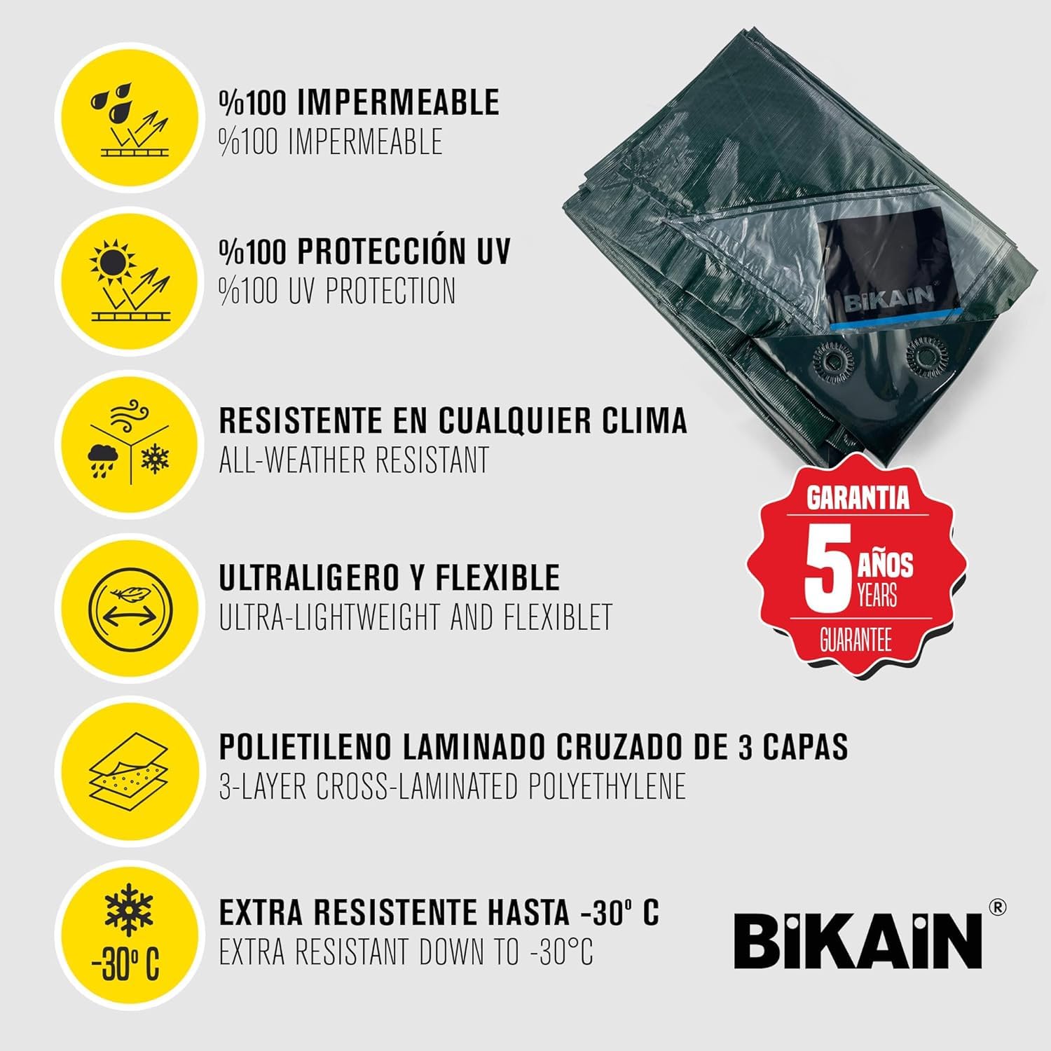 Bikain - Telo Impermeabile esterno - 2x3 metri - 90g/m2 Rinforzato - Occhielli Antistrappo - Telo 100% Impermeabile e 100% Protezione UV - Copritutto Multiuso - 3 Strati Laminato Incrociato