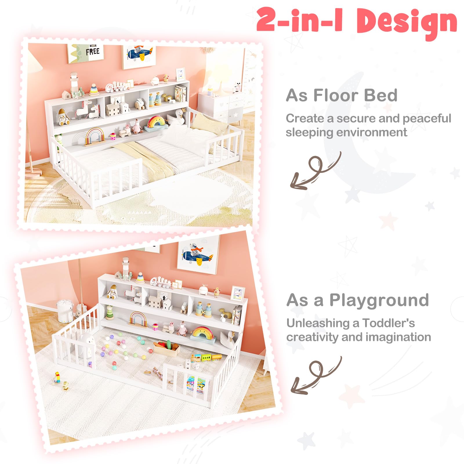 KOMFOTT Twin Montessori Floor Bed With Bookshelf - Solid Pine Wood Kids Bed Frame With Guardrails (White) - View #10