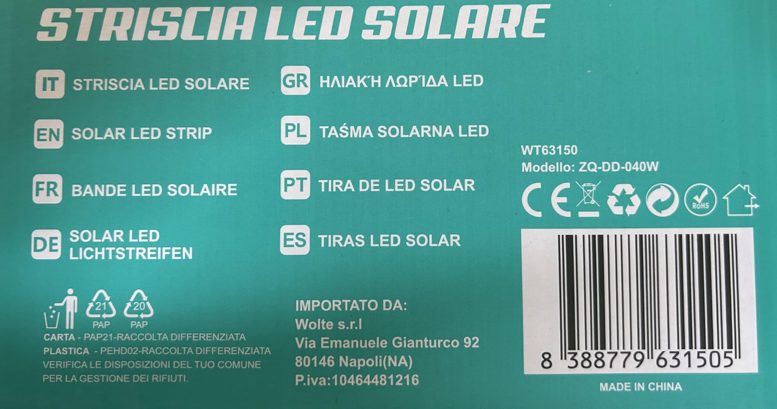 Striscia LED solare per esterno impermeabile IP65 striscia LED luce Calda 3000K flessibile per giardino, terrazza, balcone, gazebo, viale, decorazione (5 METRI)