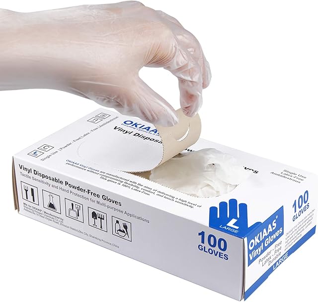 OKIAAS Disposable Gloves L| Latex-Free and Powder-Free Clear Vinyl Gloves for Cooking, Food Prep, Household, Lab Work and More| Large,100 Counts/Box
