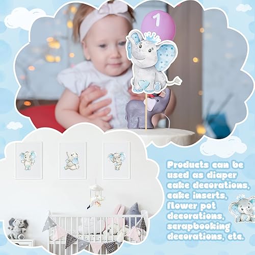 Miniatura 7 de Tatuo 36 piezas de recortes temáticos de elefantes, decoraciones de baby shower, bonitos recortes de elefante azul para baby shower, fiesta de