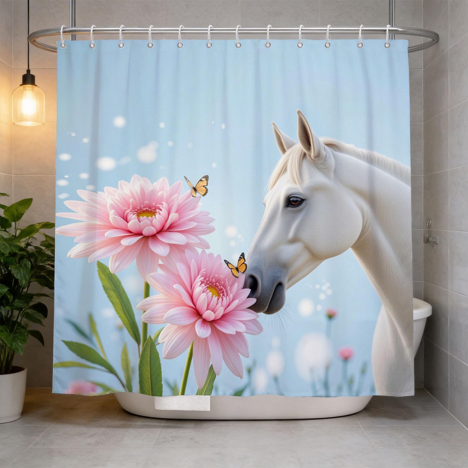 Hongduo 3D Horse Shower Curtain for Stalls Bathtubs Butterflies Bathroom Decor Shower Curtain Set Polyester Fabric Waterproof 200x200cm/79X79 Inch with Hooks