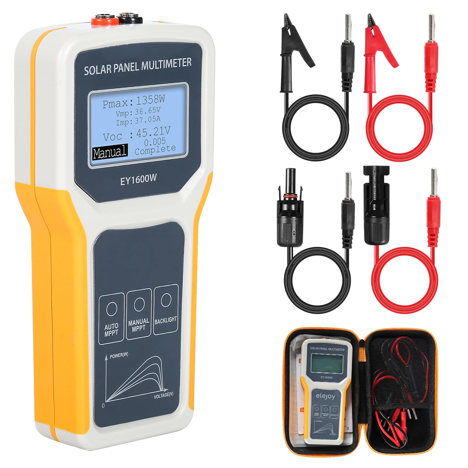 BuyWeek Testeur MPPT de Panneau Solaire EY1600W Multimètre de Panneau Solaire Photovoltaïque avec Écran LCD Aucune Alimentation requise, pour Panneau Solaire Tous Types, Protection Surintensités