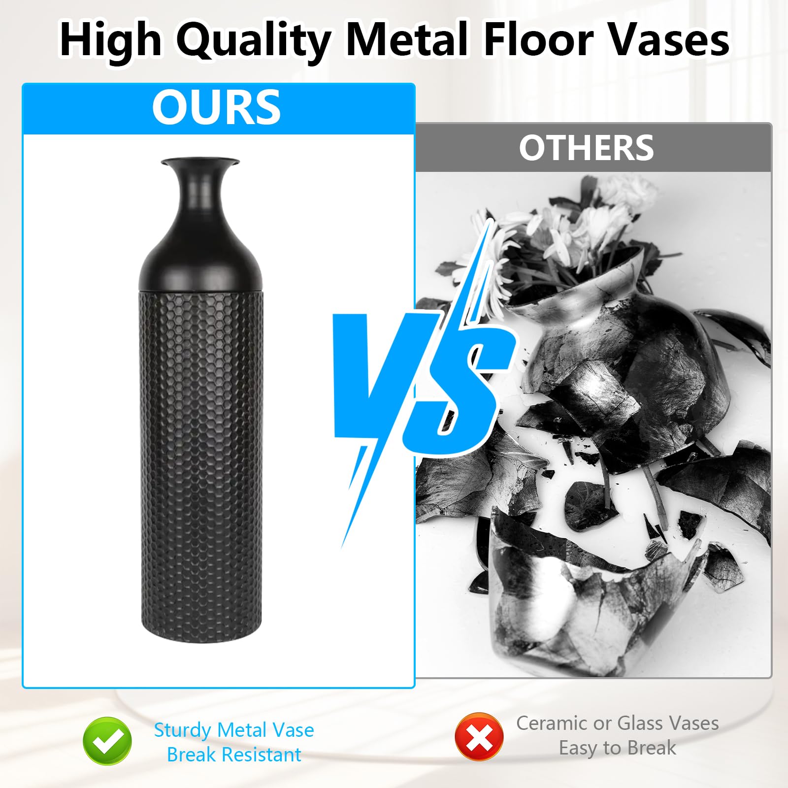 Vaso Grande da Terra Nero, 68/51/41 cm Metallo Vasi da Terra Set di 3, Struttura a Nido d'ape Vasi Decorativi Moderni Extra Vaso Alti da Terra per Camino Corridoio Ufficio Soggiorno