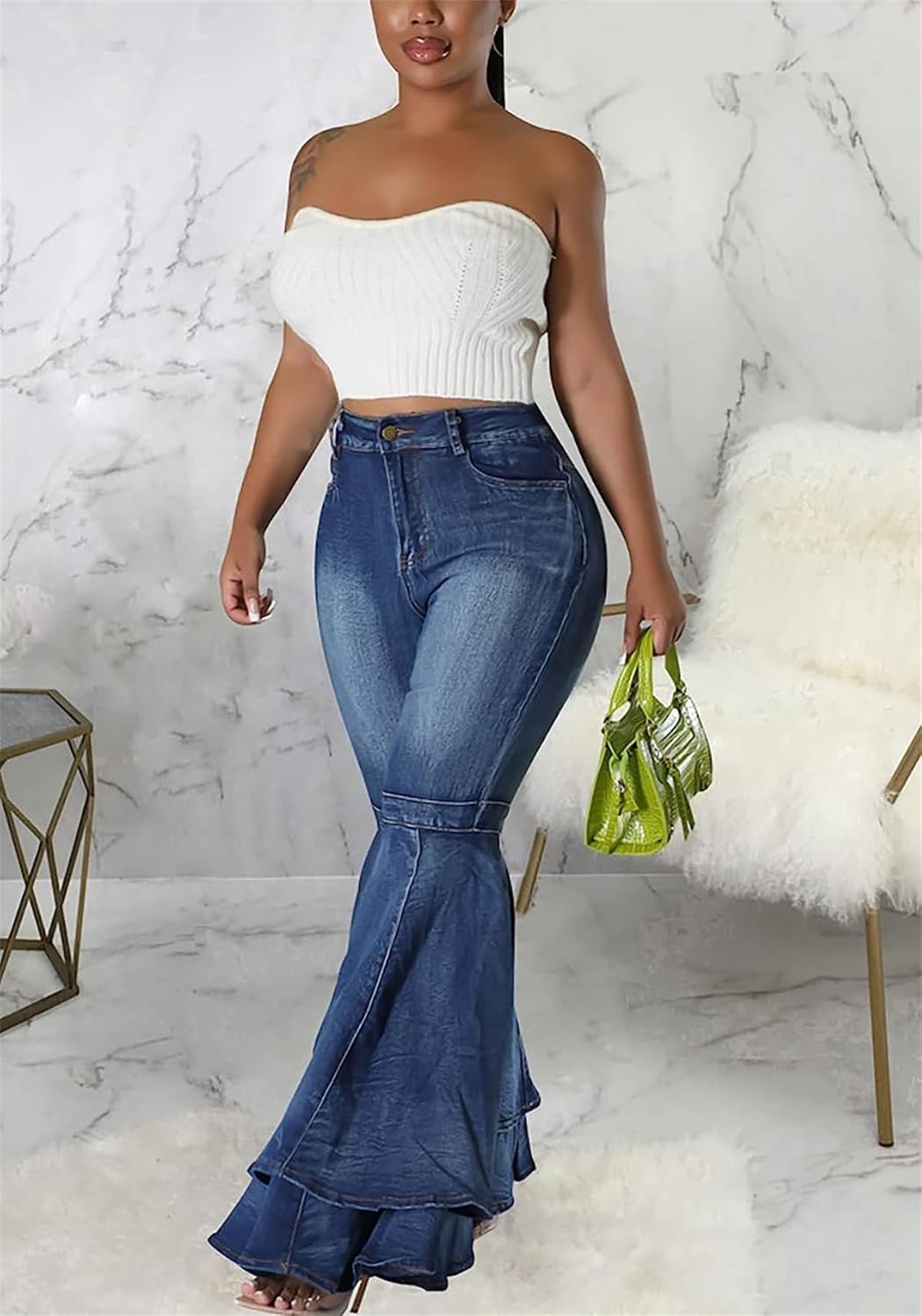 Cute Bell Bottom Jeans for Women High Waist Flare Jeans Patchwork Pleated Layered Ruffle Hem Wide Leg Denim Long Pants - Image 3