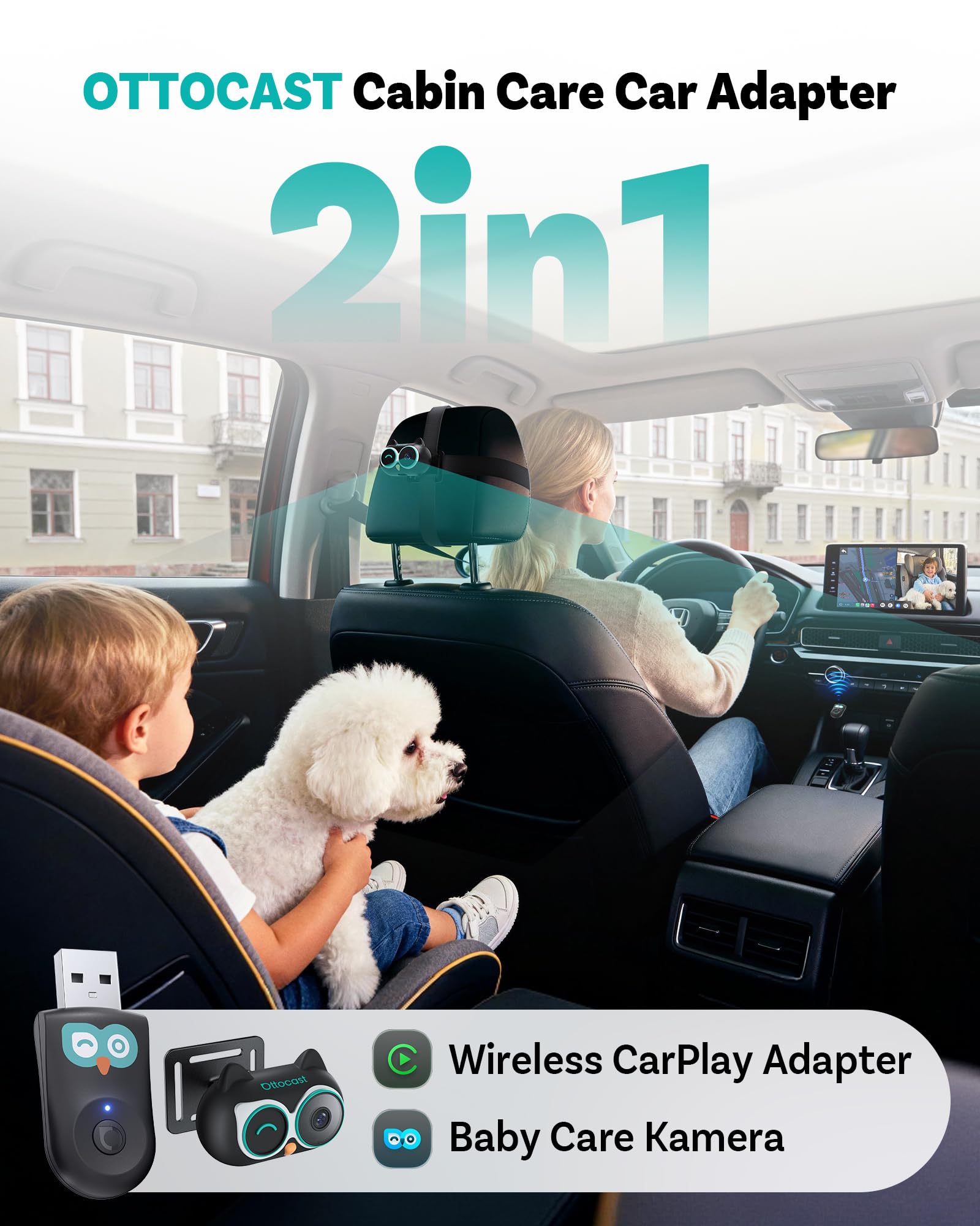 OTTOCAST 2-in-1 Baby Auto Kamera & Wireless CarPlay Adapter, 1080P HD, Echtzeit-Anzeige auf Originalen CarPlay Bildschirm, USB Plug & Play, Nachtsicht & 150° Weitwinkel, für Eltern & Haustierbesitzer