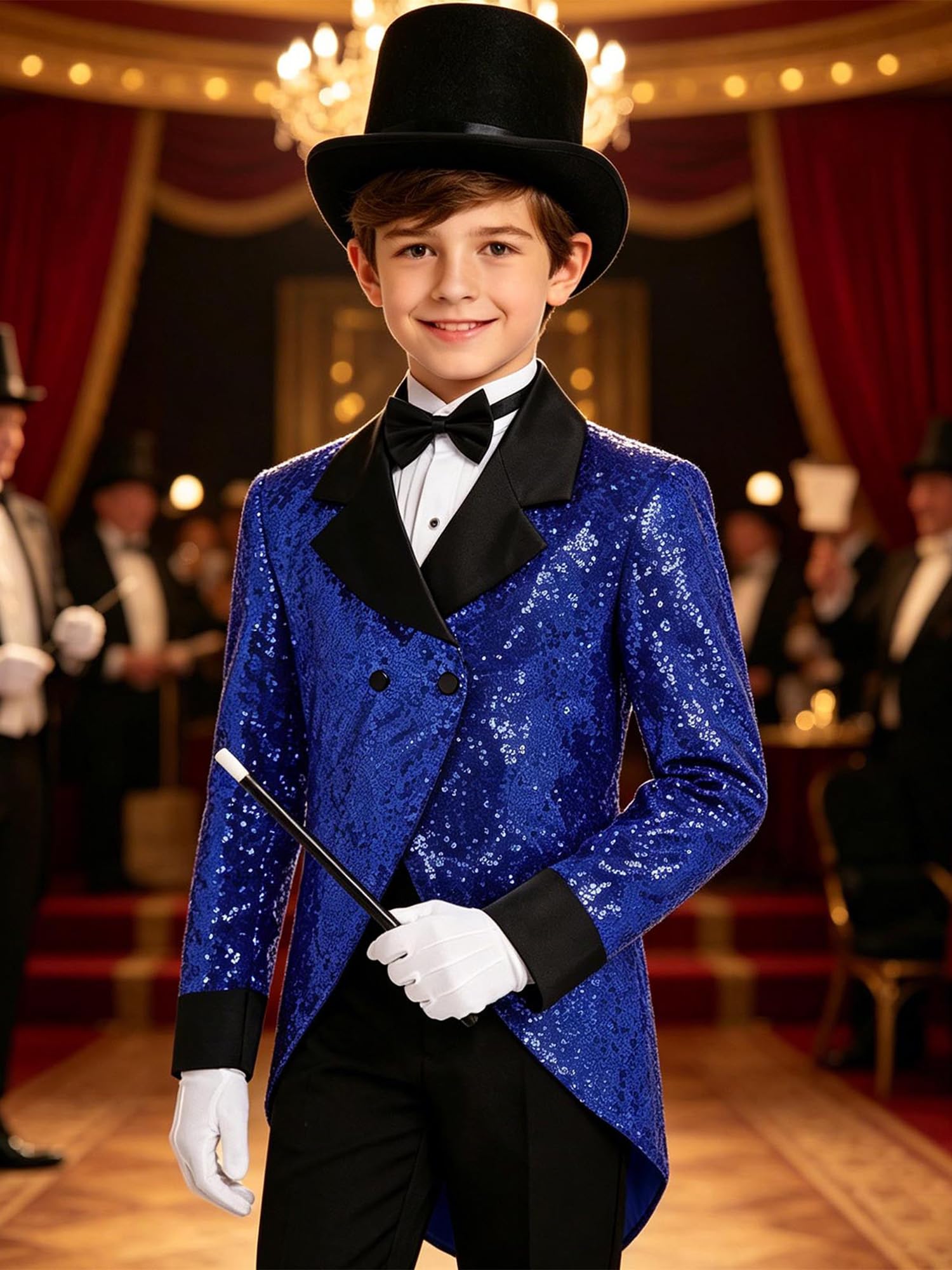 Alvivi Dziecięca elegancka kurtka, kostium czarodzieja, elegancki kostium dziecięcy Fedora, kapelusz na wesele, zestaw akcesoriów do kostiumu, kostium królewski błękit 170