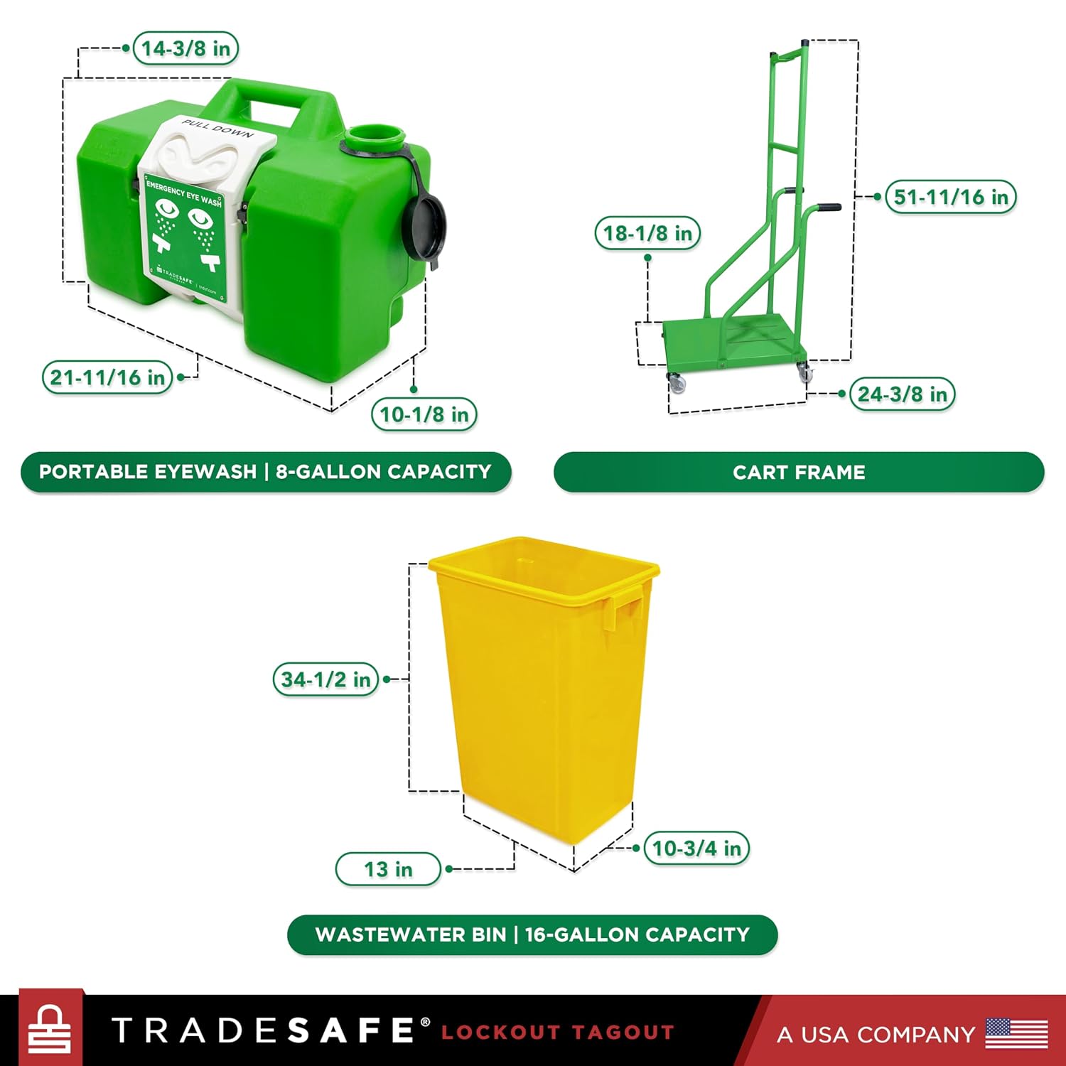 TRADESAFE Portable Eye Wash Station OSHA Approved - Emergency Eye Wash Station, 8 Gallon Eye Wash First Aid with Cart and Wastewater Bin, Eyewash Station Sign, OSHA and ANSI Compliant