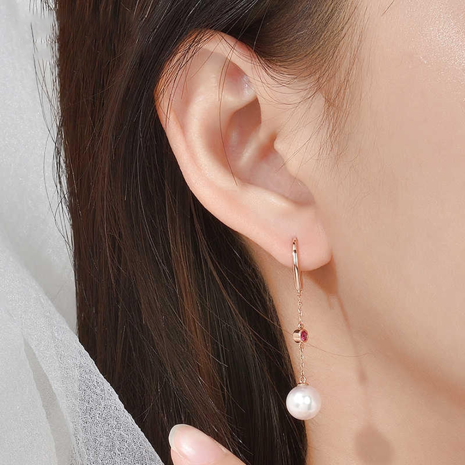 Ohrhänger Rosegold, Damenohrringe mit Anhänger aus Rubin und Perle, 7,5–8 mm