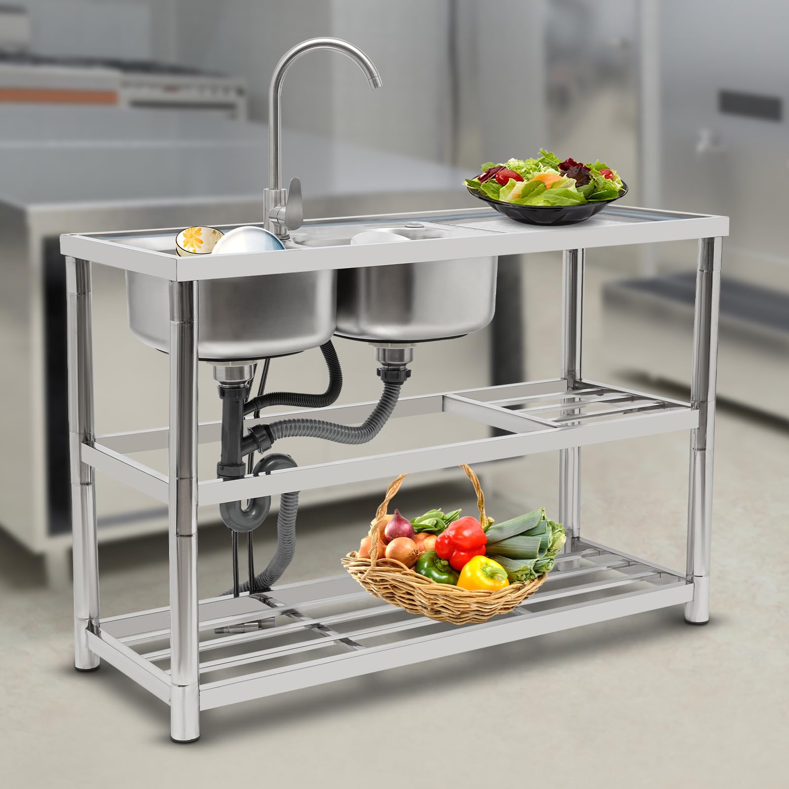 Fregadero de cocina independiente, fregadero con armario inferior, fregadero doble de acero inoxidable con grifo y encimera, 2 cuencos, fregadero comercial para cocinas, garajes, laboratorios