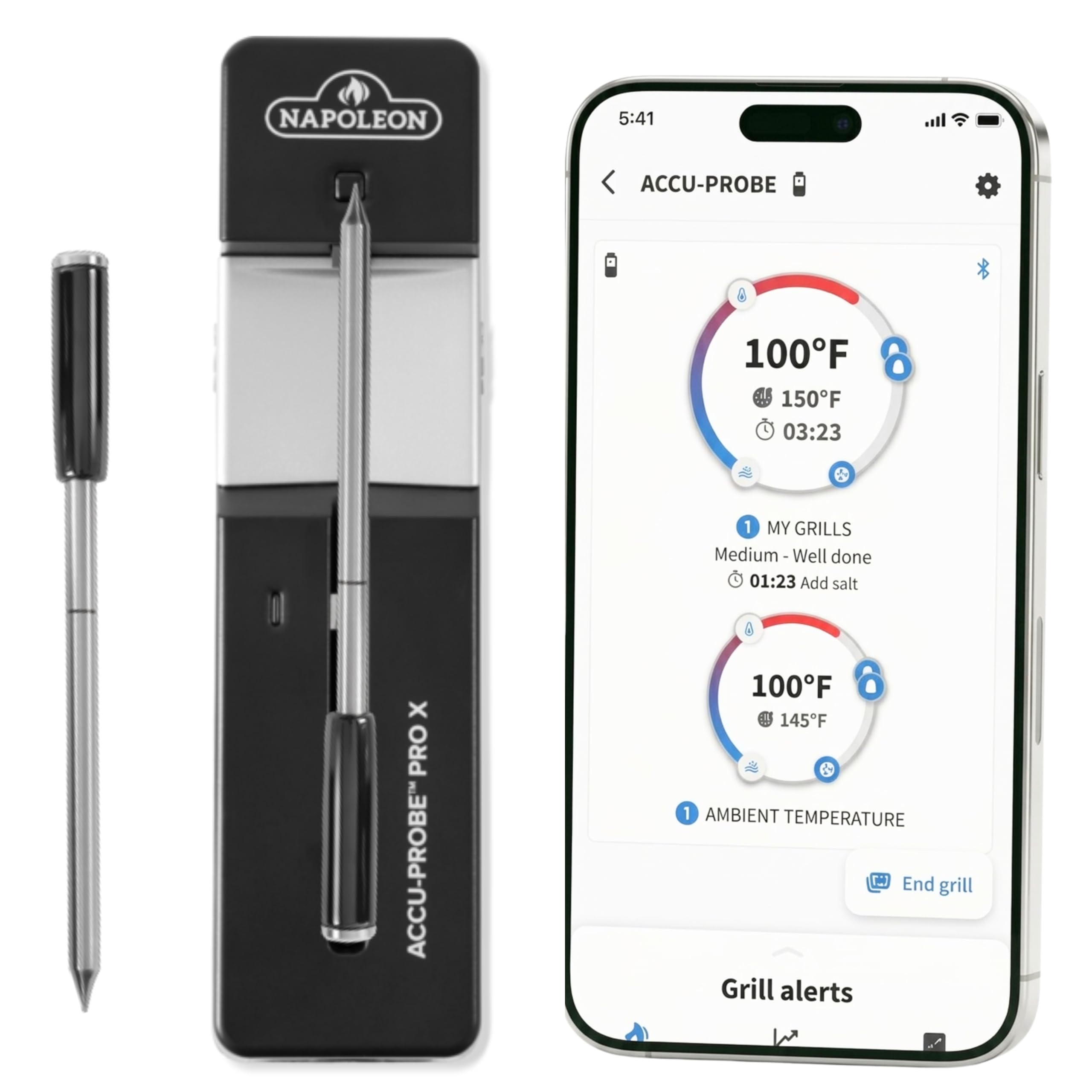 Napoleon ACCU-Probe™ PRO X - Termometro intelligente wireless Bluetooth®, portata illimitata WiFi, resistente al calore, impermeabile, lavabile in lavastoviglie, 6 sensori, barbecue, grill, forno