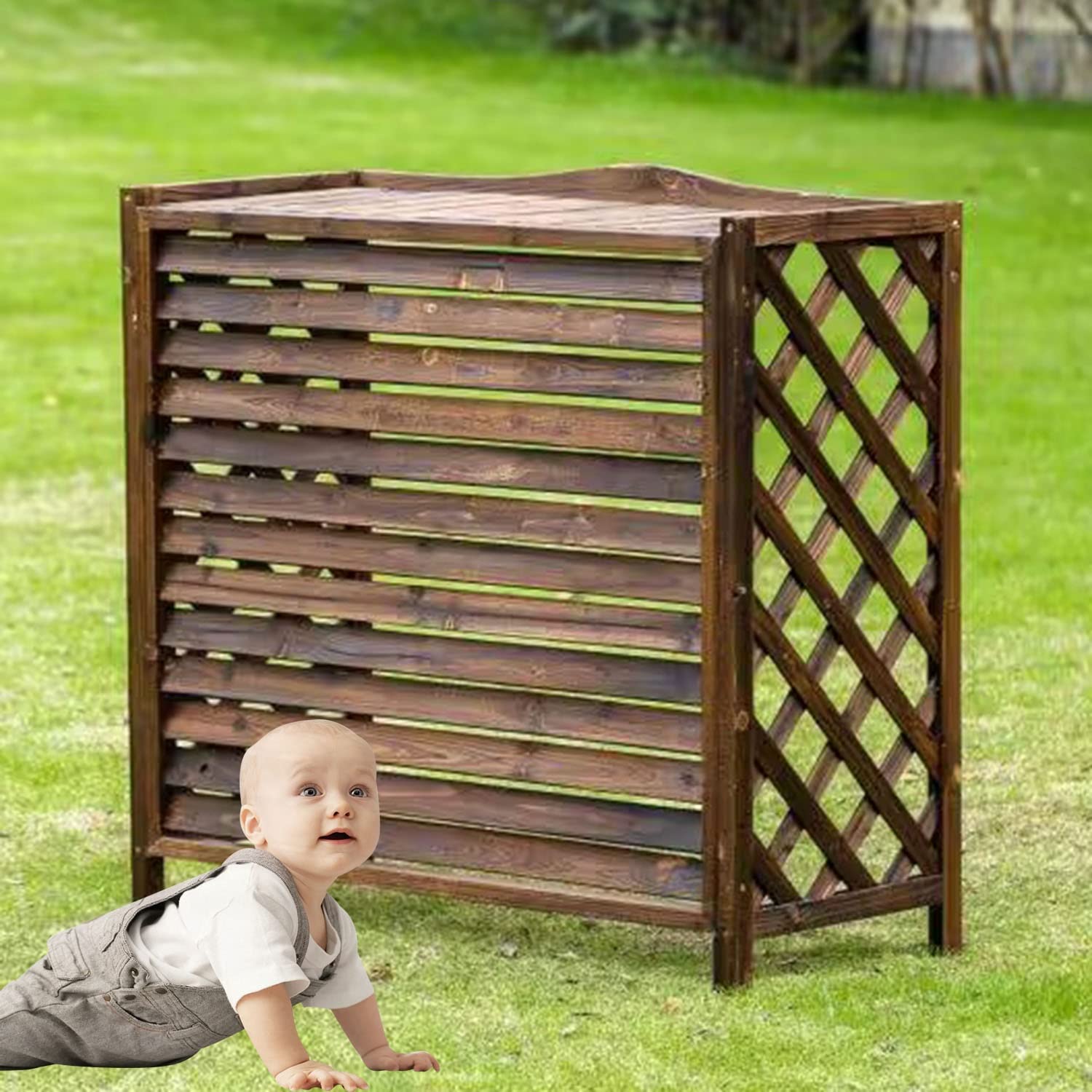 Cache Climatiseur Exterieur Imperméable Housse En Bois Massif Pour Climatisation Couverture De Climatiseur En En Bois Massif Support De Fleurs Climatiseur Cache Pompe À Chaleur ( 68x45x23cm : L81xW32x