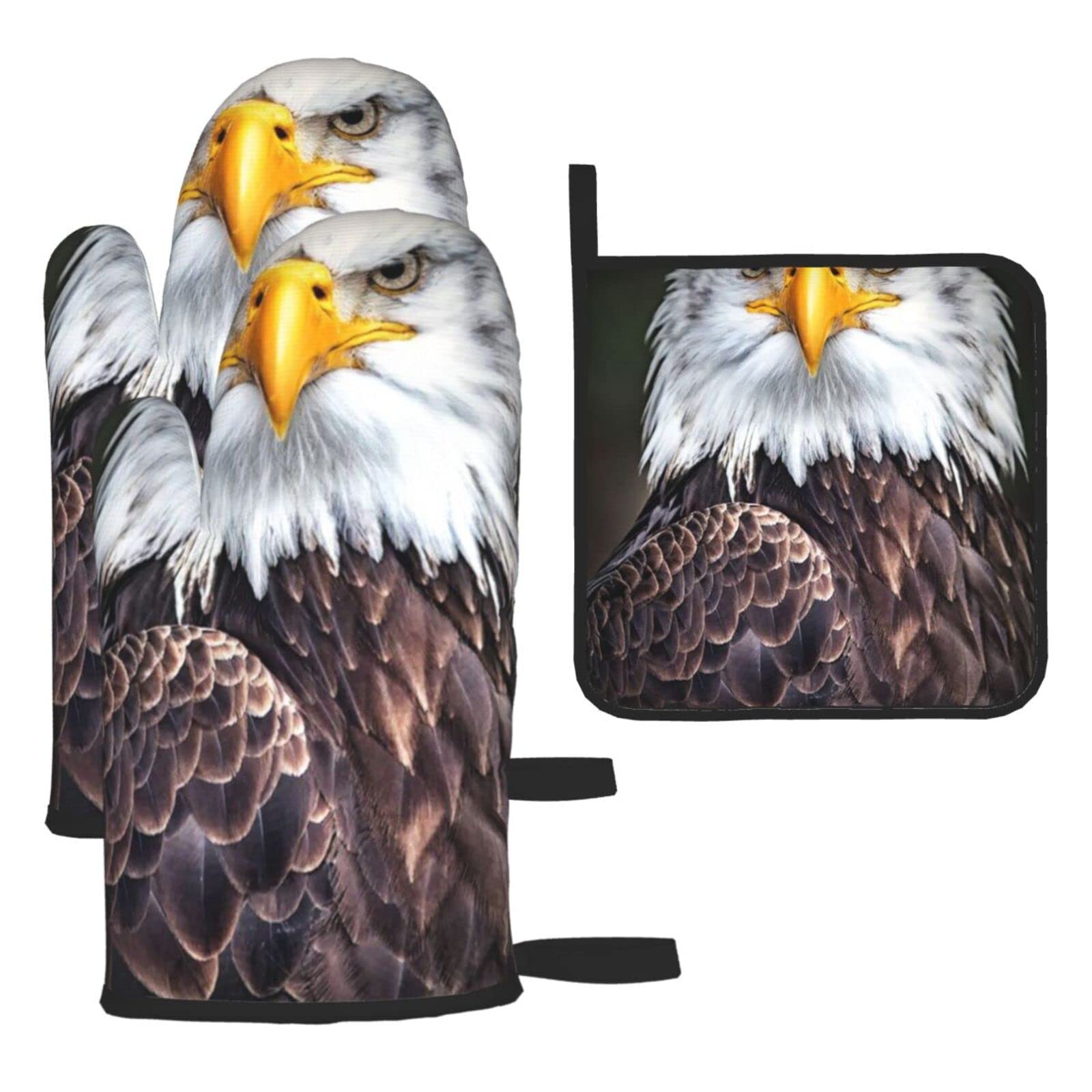 White Head Eagle Printed Kitchen Baking Three-Piece Heat-Resistant Thick Cotton Oven Gloves for Cooking and Baking.