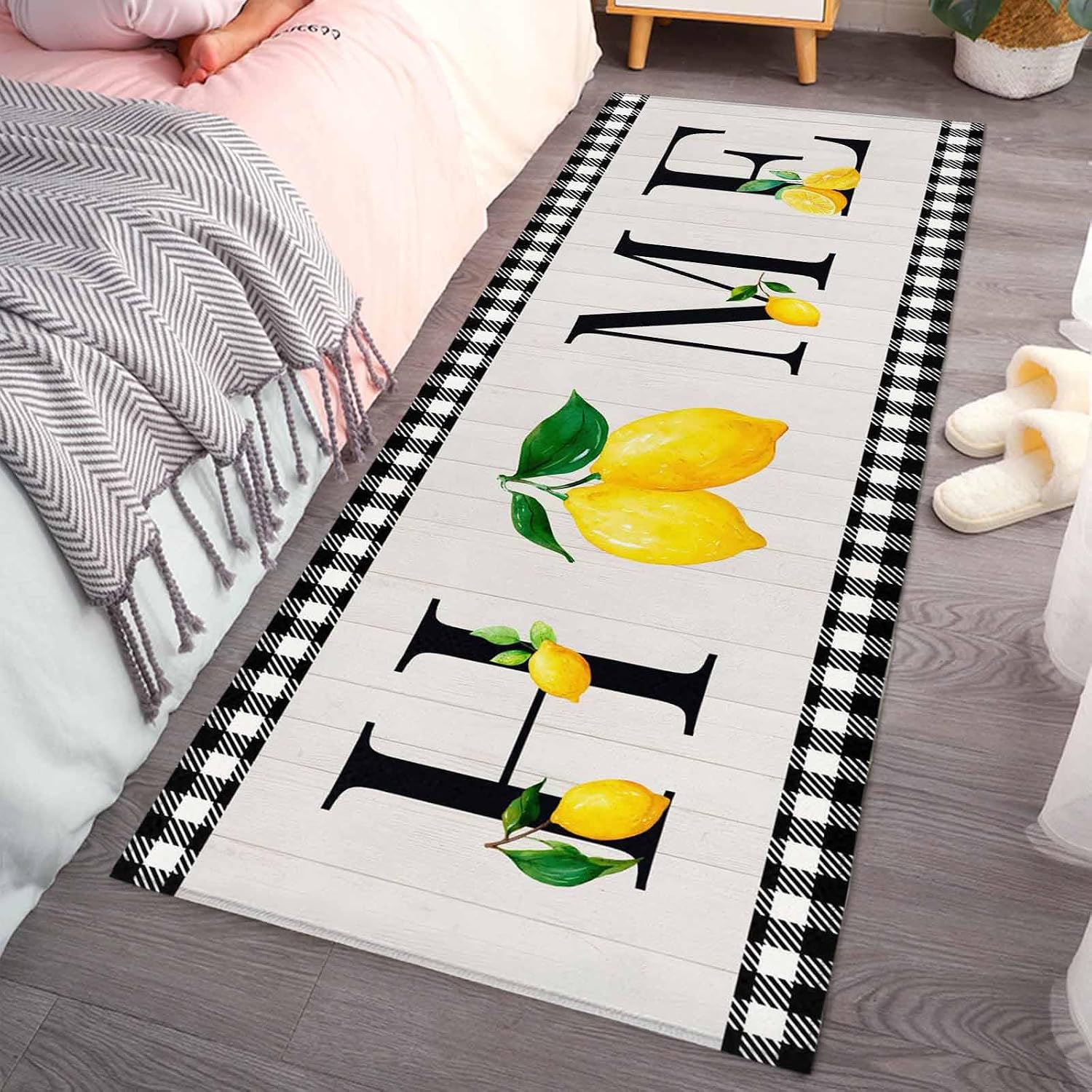 Teamery Kitchen Mats for Floor Country Home Text Buffalo Plaid Washable Non Slip Kitchen Rugs 1PCS, Summer Lemon Wood Board Absorbent Standing Mats for Sink Bathroom Office Living Room 23.6x70.9in