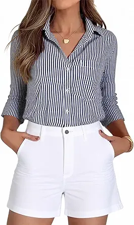 Beninos Striped Button Down Shirts for Women Dress Shirts Long Sleeve Casual Collared Office Work Shirt with Pocket