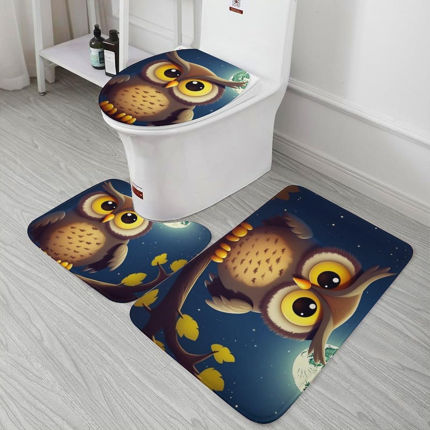 Anti-Skid Floor Mats 3 Piece Set,Owl and Yellow Moon Printed Coral Fleece Bathroom Mats U-Shaped Contour Mat Toilet Seat Cover for Bathroom, Tub, Shower, Kitchen 19.7"x31.5"