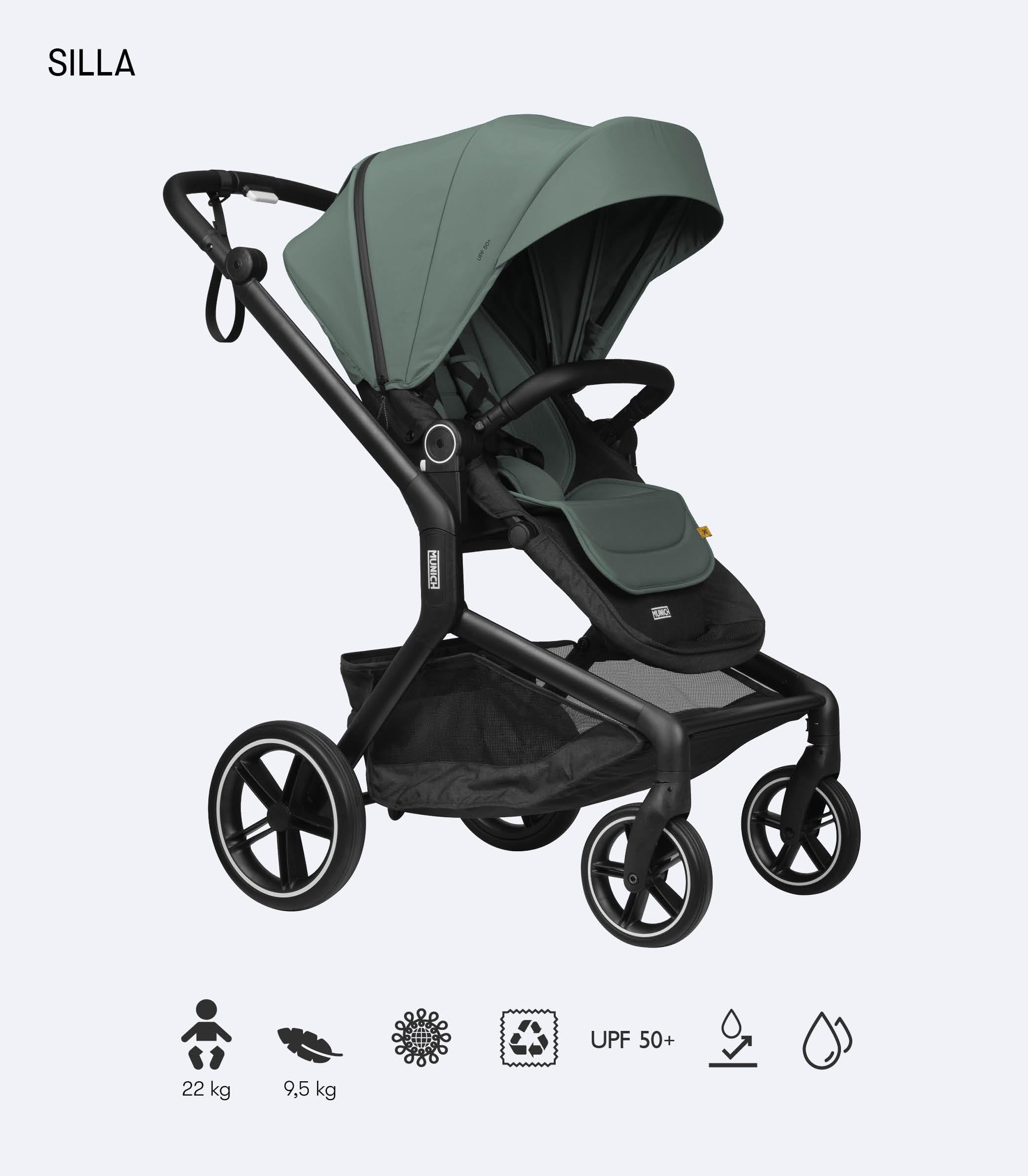 MUNICH Mun5, Cochecito de Bebé 2 en 1, Sistema de viaje, Silla De Paseo y Capazo, Carro Bebe, Fácil plegado, desde el nacimiento hasta 22 kg, Maniobrabilidad, con cubrelluvias, (Verde)
