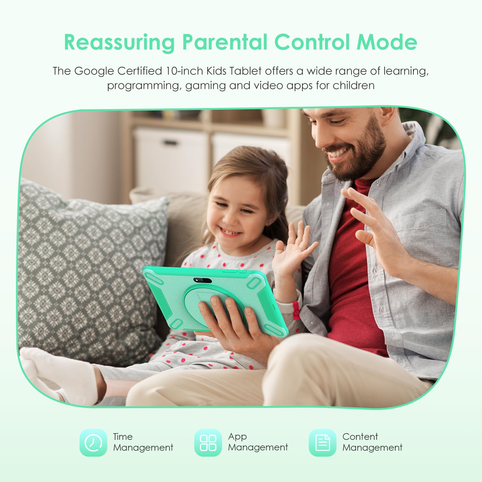 FASTWD Tablet per bambini 10 pollici Android 14 Tablets educativo,36GB RAM+128GB ROM(espandibile con SD),WiFi 6,controllo genitori,Widevine L1/BT 5.0/8+5 MP/Tablet per Bambini, (Verde)