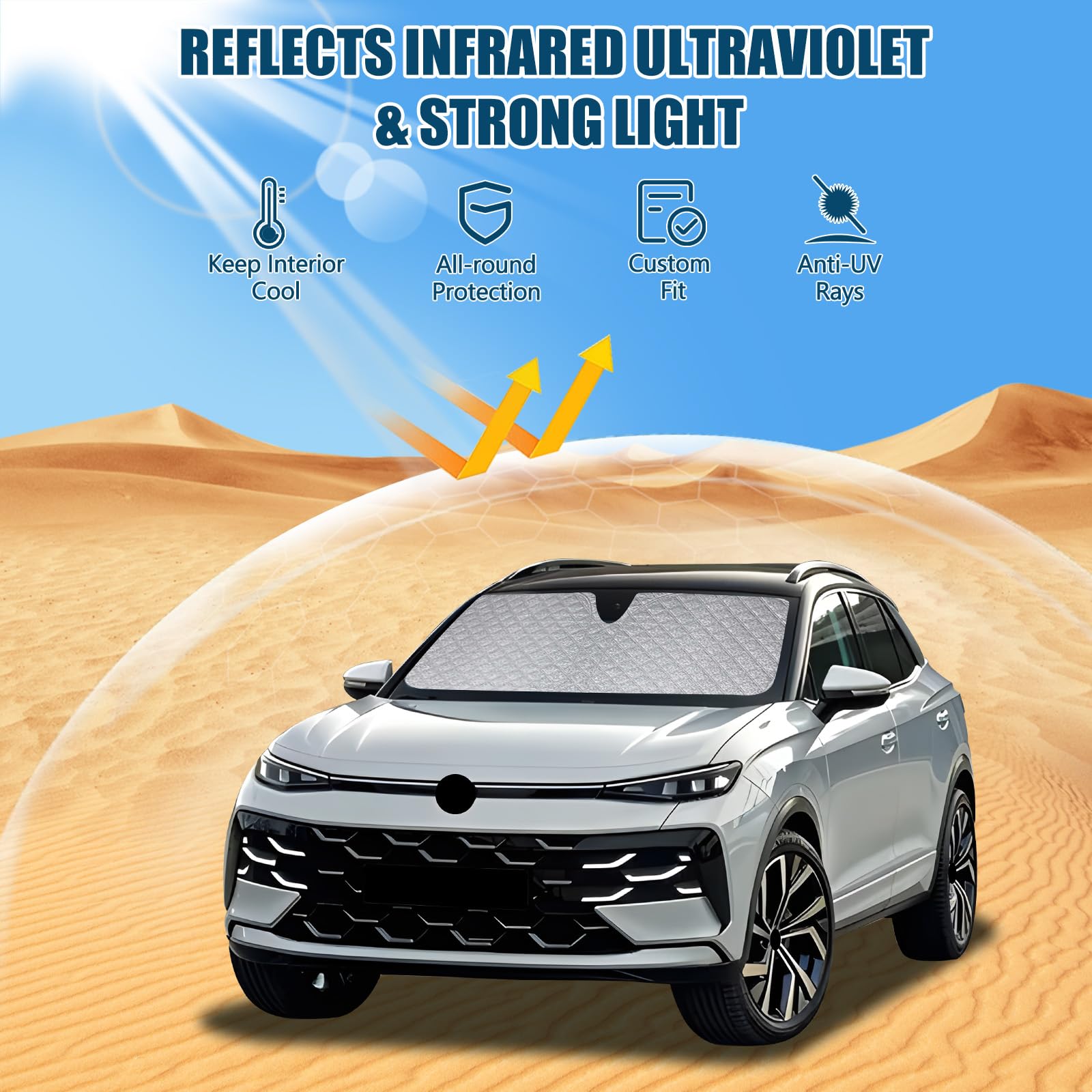 Pare Soleil Voiture Interieur pour VW T-Roc 2018-2025, 3 Pièces Protection Solaire Pare-Brise Thermiques Occultante Bloquer Rayons UV et Garder Votre Véhicule au Frais