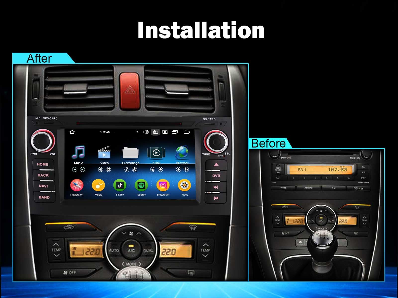 Erisin Android 16 8-Core Radio Samochodowe z systemem GPS do Toyota Auris | 7" Radio Wbudowany CD, DVD, obsługuje DAB+, bezprzewodowy ekran dotykowy CarPlay, Android Auto, DSP, WiFi, FM, Bluetooth, SWC