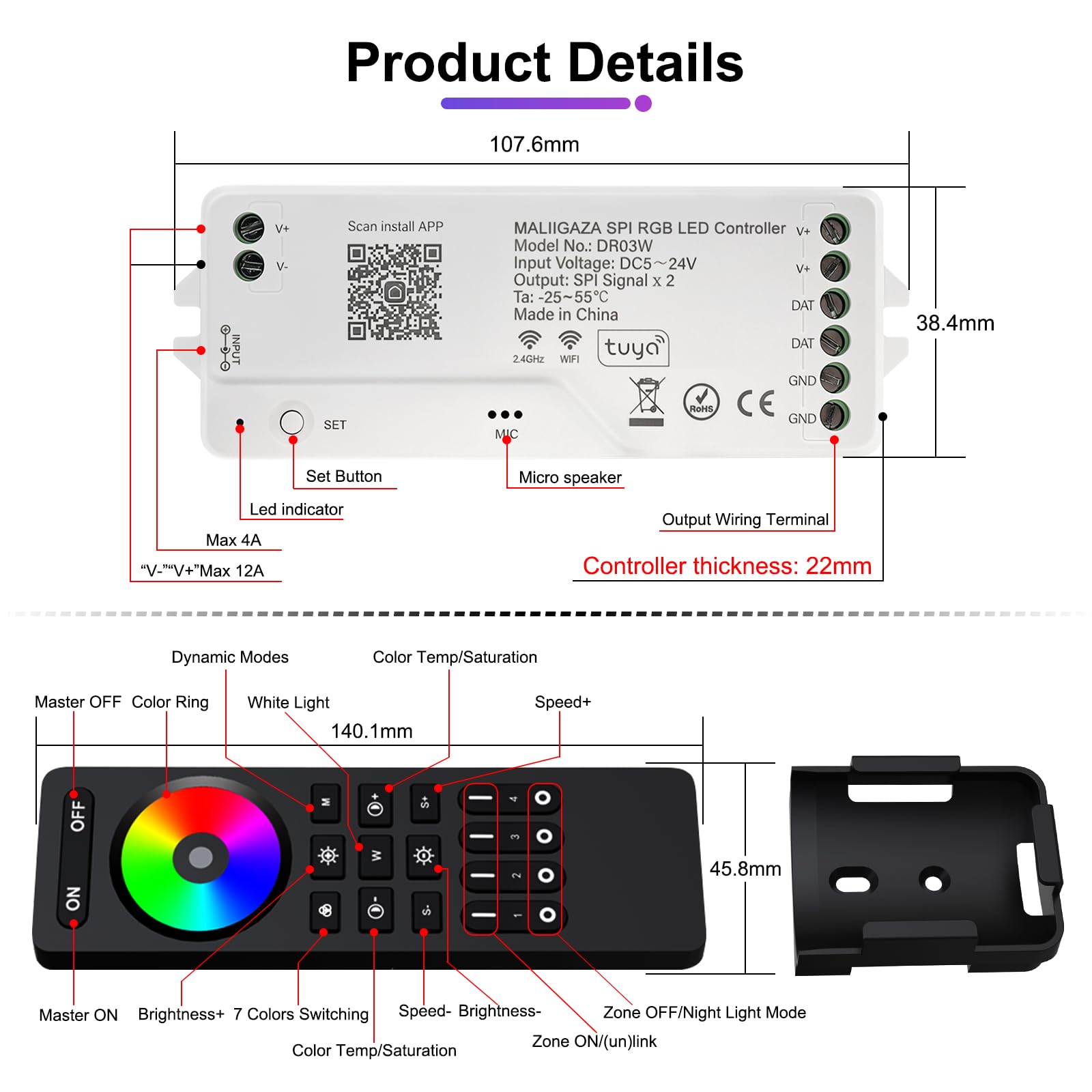 Striscia LED SMD RGB COB LED Wifi Set indirizzabile SPI RGB LED con app Tuya, Alexa Google Home controllo vocale musica Sync 2.4G RF telecomando cambia colore per camera soffitto TV