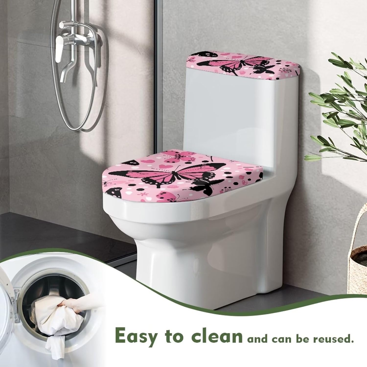 Pink Butterfly Toilet Lid Cover and Toilet Tank Cover Soft Plush Seat Covers Tank Lip Covers Fits Most Toilet Tanks & Lids Bathroom Decoration Accessories