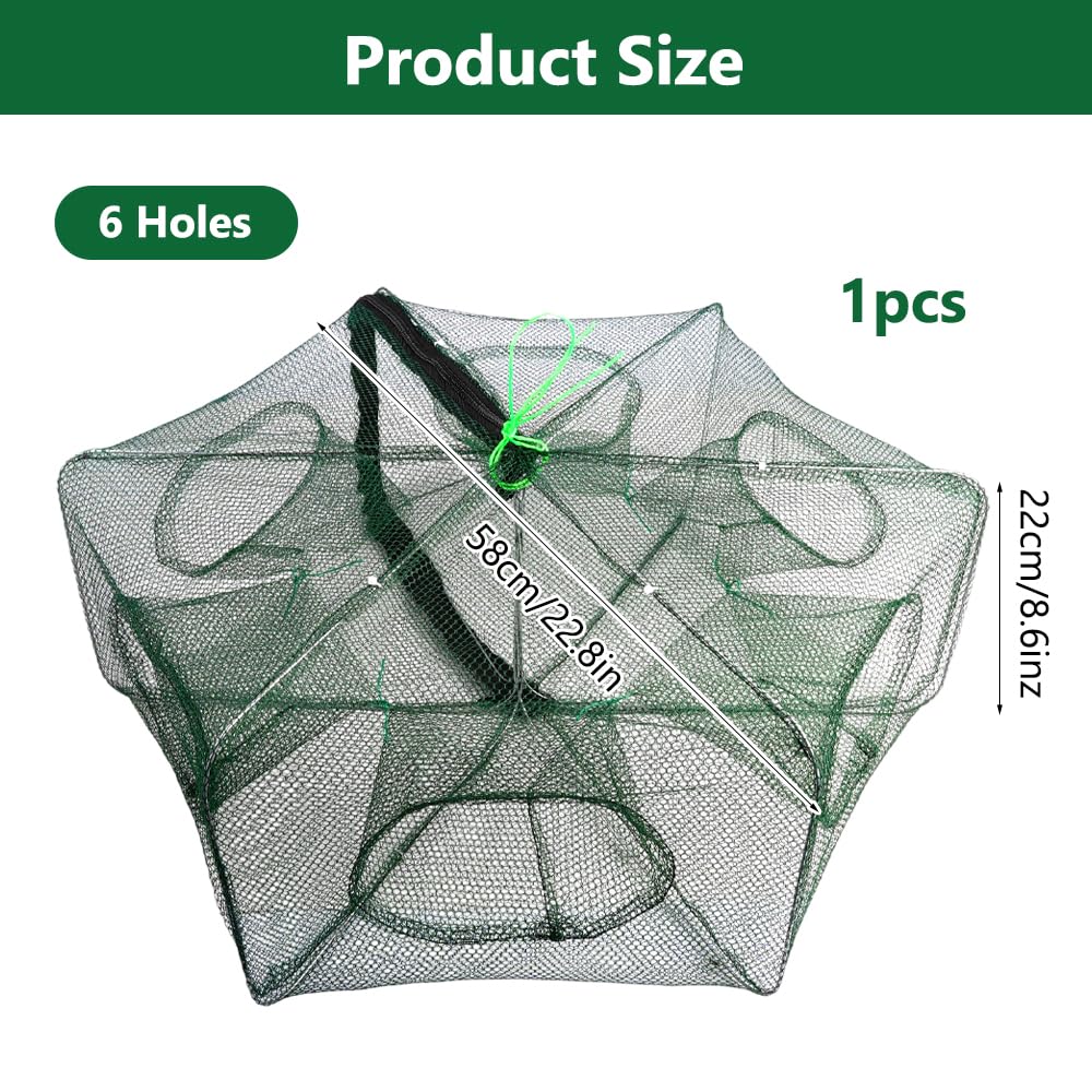 Trampa de Pescado 58×22cm Nailon Red Plegable Portátil 6 Agujeros para Anguilas Cangrejos Camarones