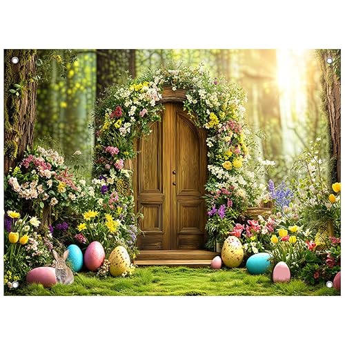 POYCTRIN 7x5FT Easter Forest Backdrop Spring Floral Wooden Door Party Banner Decorations Colorful Egg Bunny Photography Background Photo Booth Prop