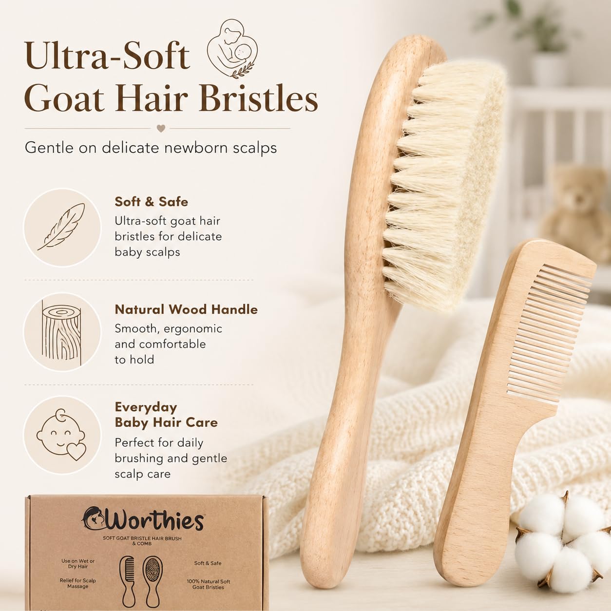 Baby Hair Brush and Comb Set, Wooden Newborn Brush with Soft Goat Hair Bristles, Gentle Infant Scalp Brush & Toddler Comb, Baby Grooming Kit, Cradle Cap Care, Registry Gift, 2 Count