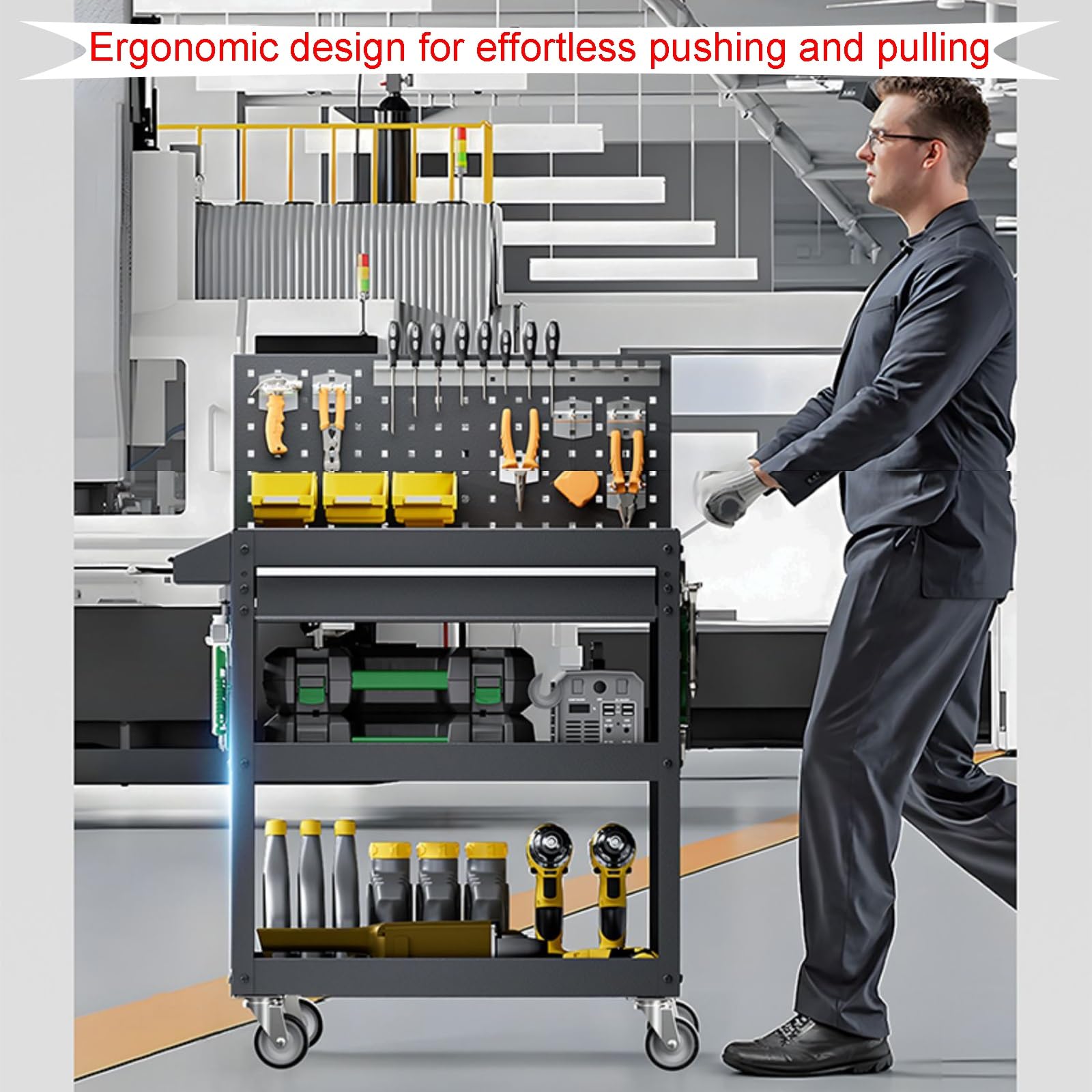 Carro de herramientas ergonómico para taller con freno silencioso, ruedas giratorias, cajas de herramientas extraíbles, tuercas integradas, diseño resistente, capacidad de carga de 300 kg, ideal para