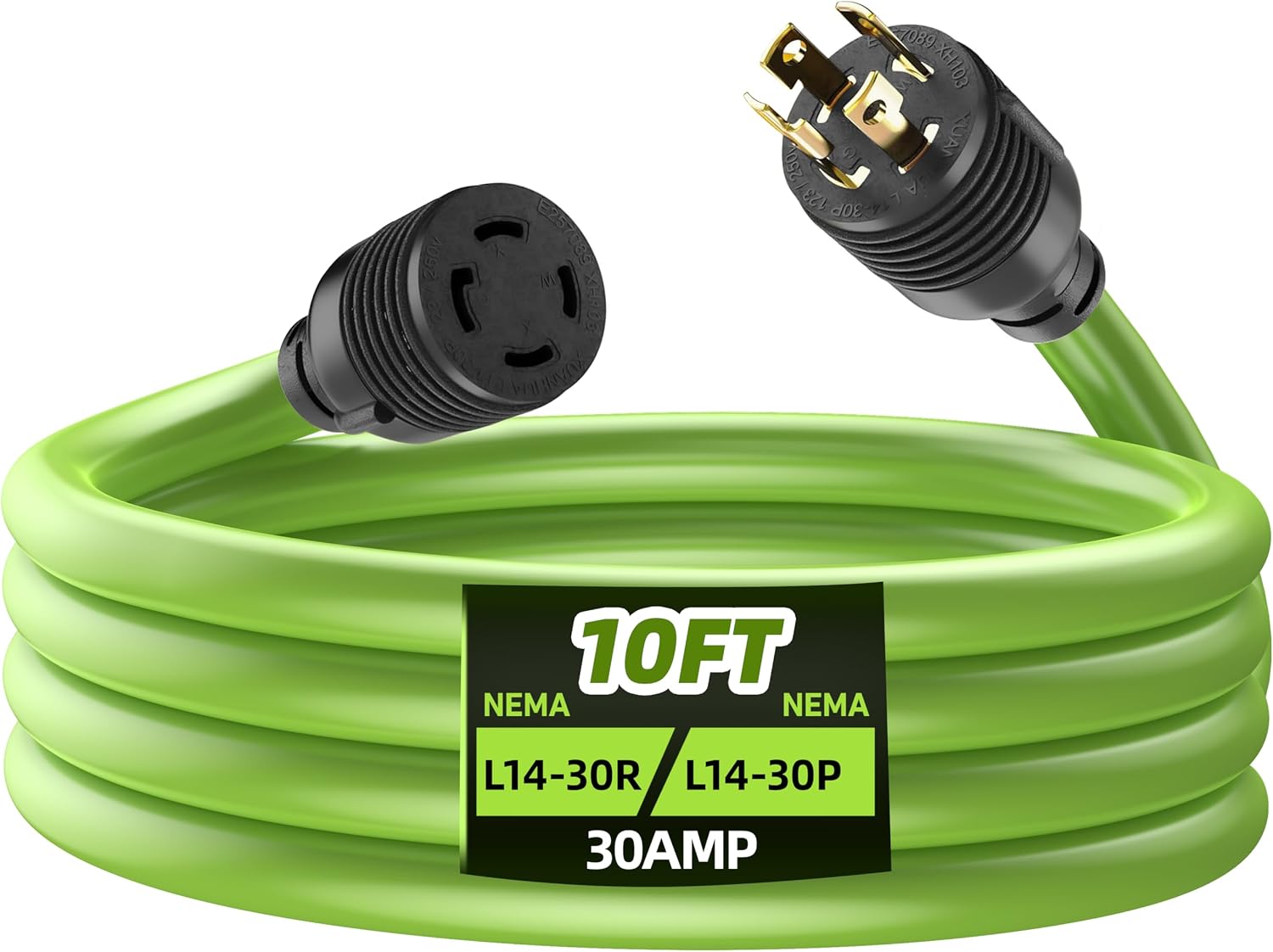 30 amp generator cord 4 prong 10ft, nema l14-30p/l14-30r twist lock connector, 125/250v 7500w cable, 10 gauge sjtw to house power cord, etl listed 10ft cord only 30 amp
