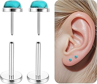 G23 Threadless Flat Back Earrings Studs Hypoallergenic 14K Gold Turquoise Moonstone Flatback Earrings 20G Push in Cartilage Helix Tragus Conch Nose Piercing Jewelry for Women Men