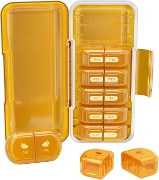 Weekly Pill Organizer 2 Times a Day, Moisture-Proof, Detachable Compartments, AM PM Pill Box 2X 7 Day, Travel Pill Organizer for Pills/Fish Oil/Medication/Vitamin/Supplements Amber