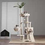 Heybly Arbre de chat, 65.4 Tour de chat pouces pour les chats d'intérieur, Condo Cat avec perches, Panier, Feuille, Bol d'alimentation, Meubles de chat moderne en peluche multi-niveaux avec des poteaux de Scratching, Beige HCT015M