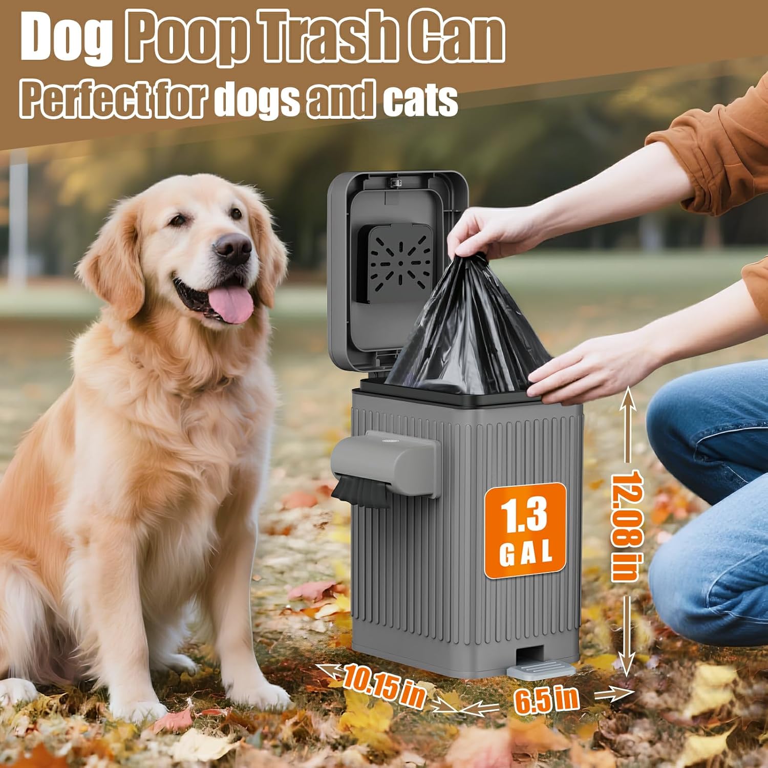 Dog Poop Trash Can for Outside & Indoor, 5L/1.3Gal Small Pet Waste Bin with Odor Control Carbon Filter Lid, 2-Way Open (Step & Press Top), Dog Waste Container with Bag Holder, Grey