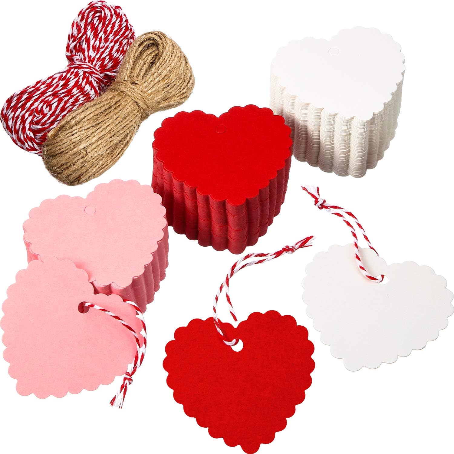 Outus 300 Pcs Valentine Heart Gift Tags with String Kraft Paper Hanging Tags Valentines Heart Gift Name Label Decoration for DIY Wrapping Wedding Party Supplies(Red, White, Pink)